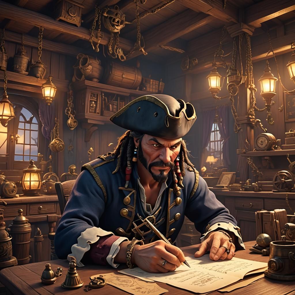 Pirate Captain Writes in Logbook: 3D Digital Art