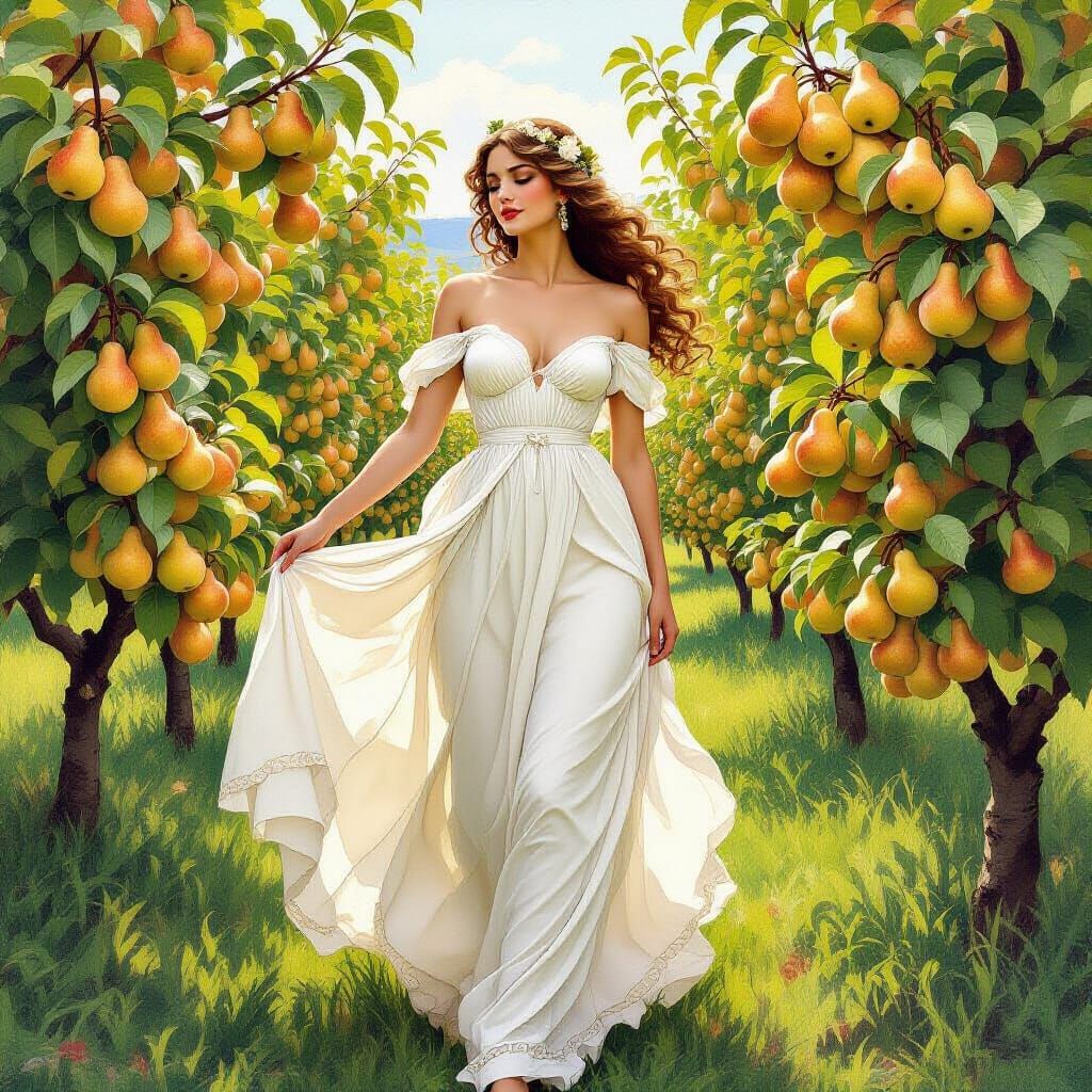 Pear Goddess in French Orchard, Art Nouveau Style