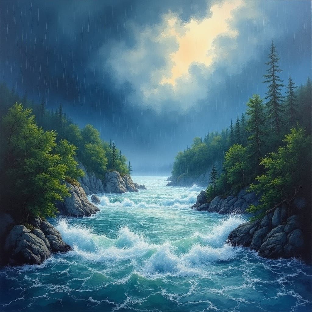 Gouache and Watercolor Painting of a Raging River in a Thund...