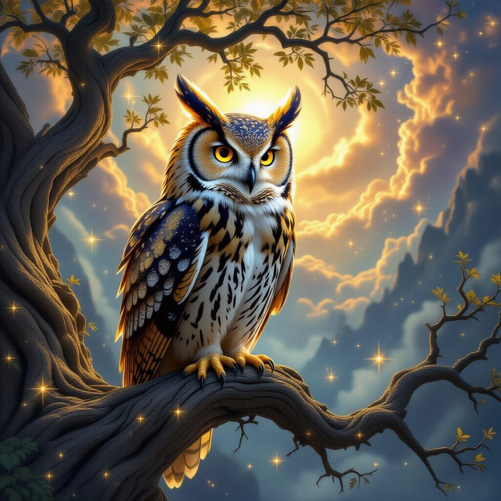 Golden Owl on Celestial Tree Bridging Dimensions