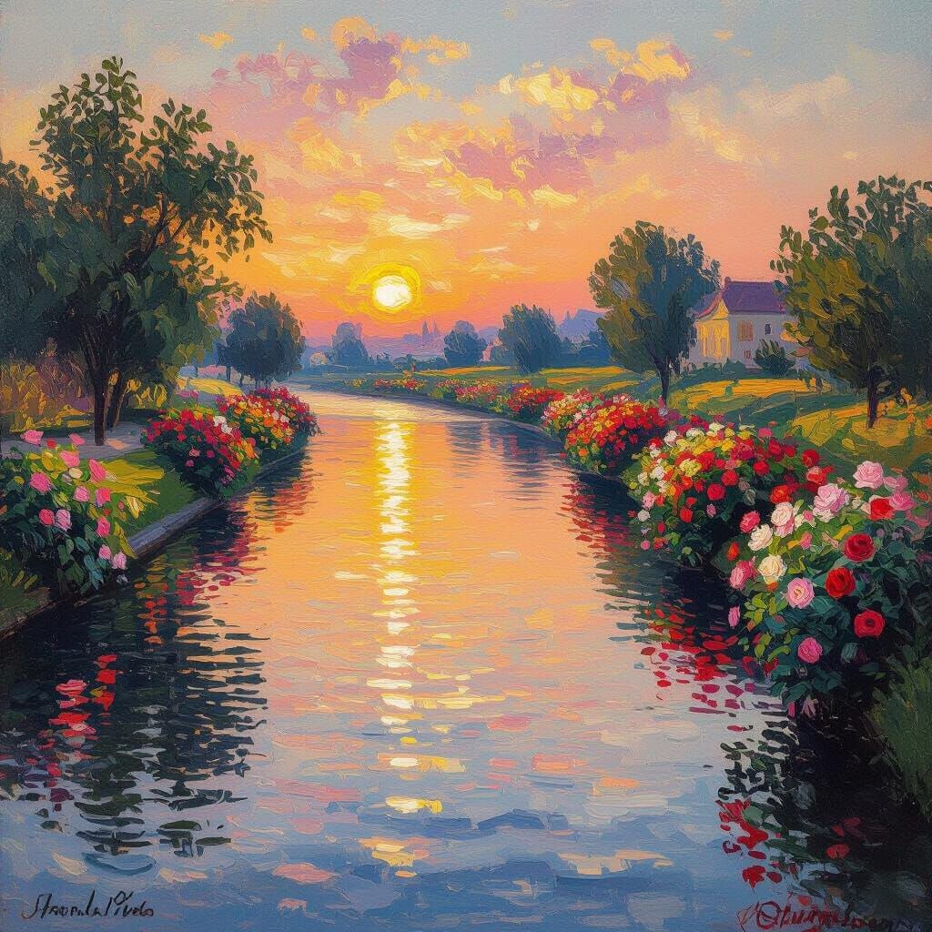 Sunset Riverbank Roses in Impressionist Style