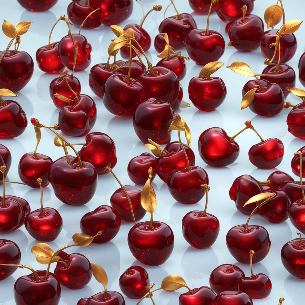 Hyperrealistic Crystal Cherries in Golden Liquid