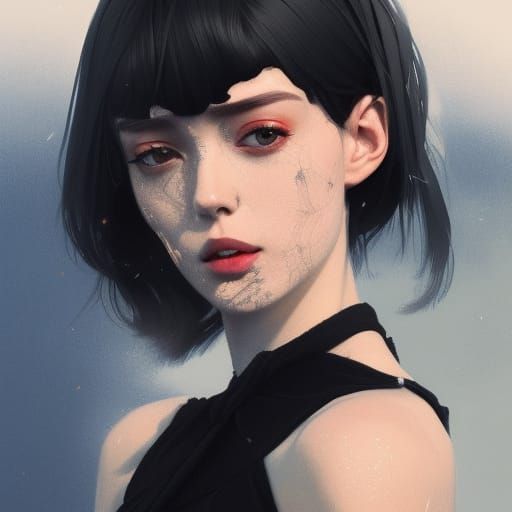 Elegant Woman in Black Dress, Detailed Portrait