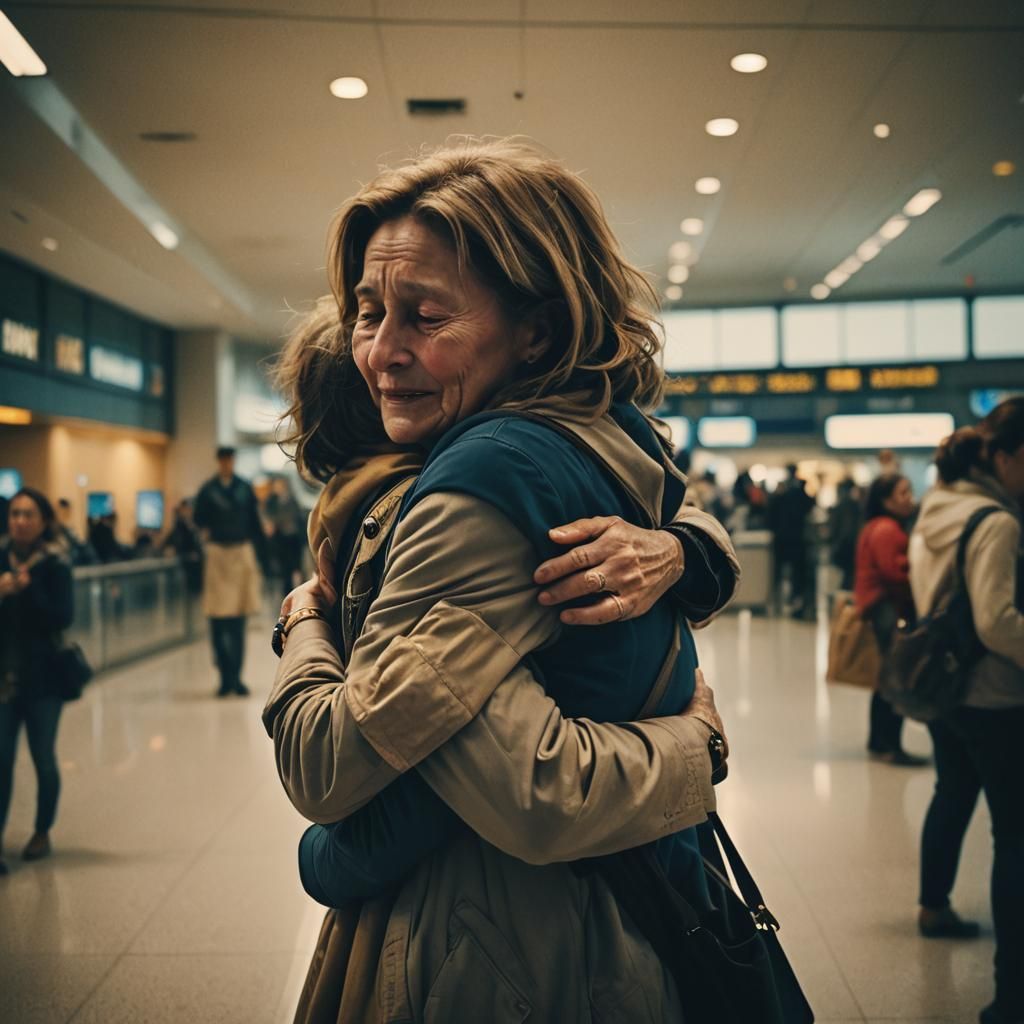 Emotional Goodbye: Mother and Child in Airport Terminal