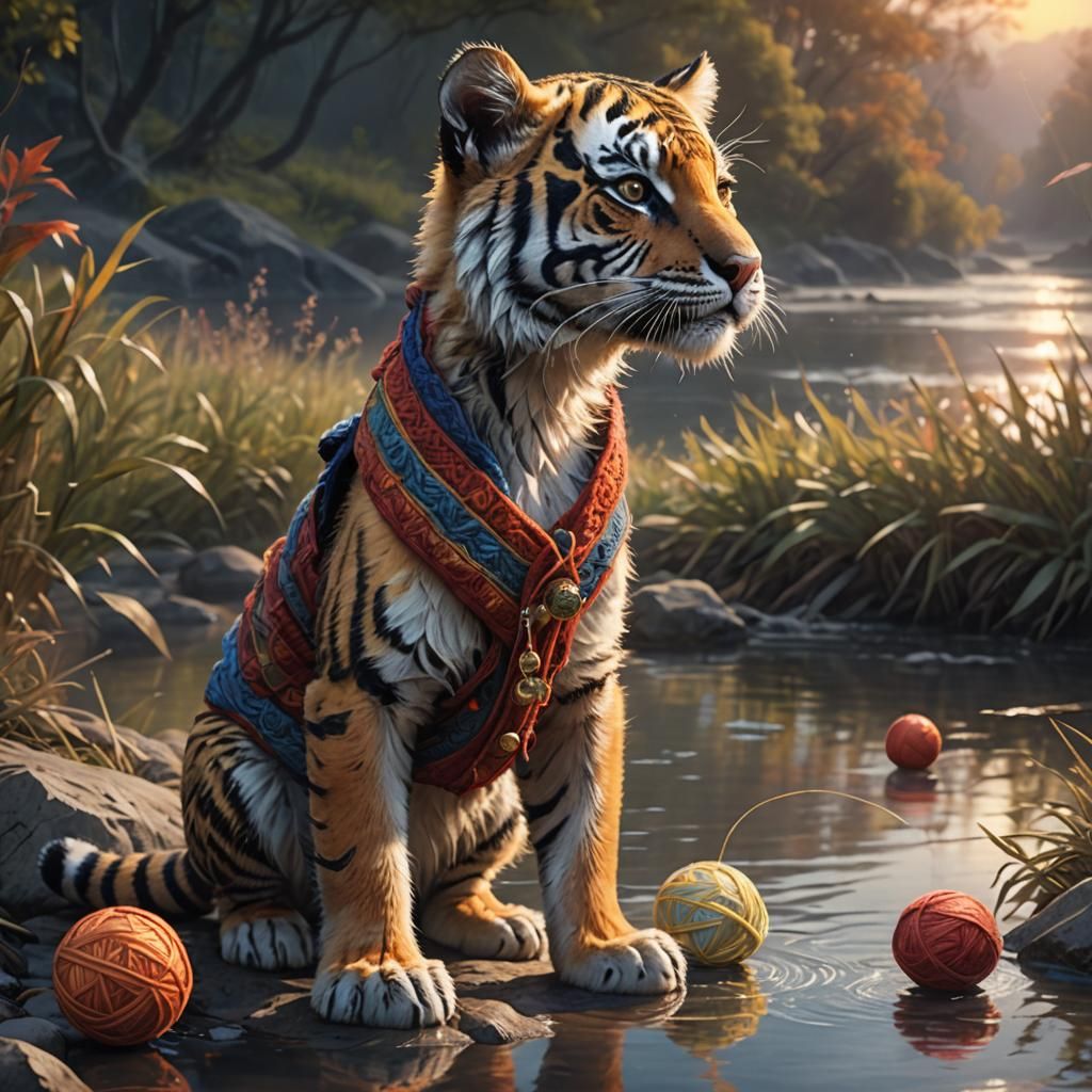 Tiger Cub Holding Canary at River's Edge