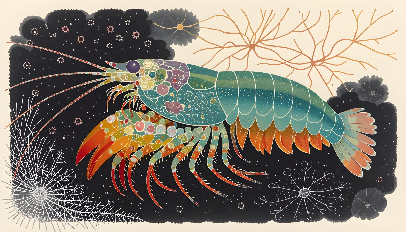 Mantis Shrimp with Titanic Pigments on Black Paper