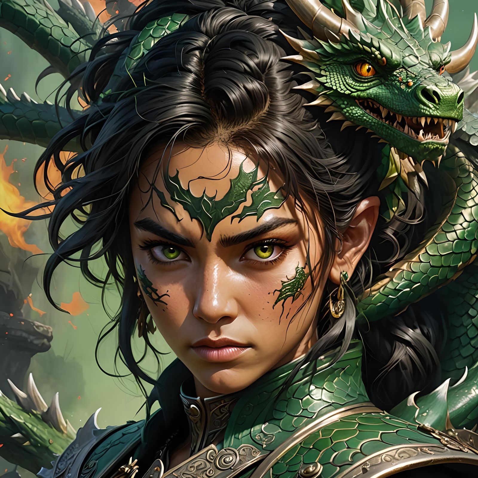 Warrior Woman with Dragon in Hyperrealistic Style