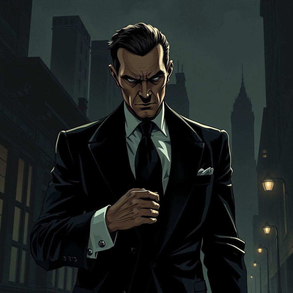 Menacing Villain in Noir Cityscape, Graphic Novel Style