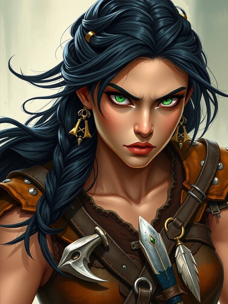 Fierce Barbarian Maiden with Emerald Eyes and Leather Armor