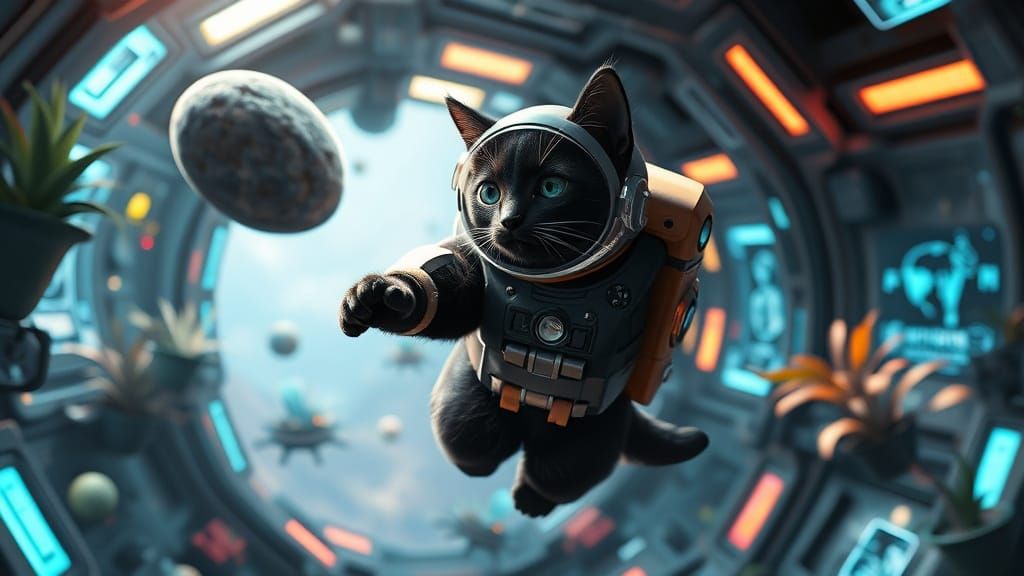Whimsical Space Feline in Futuristic Habitat