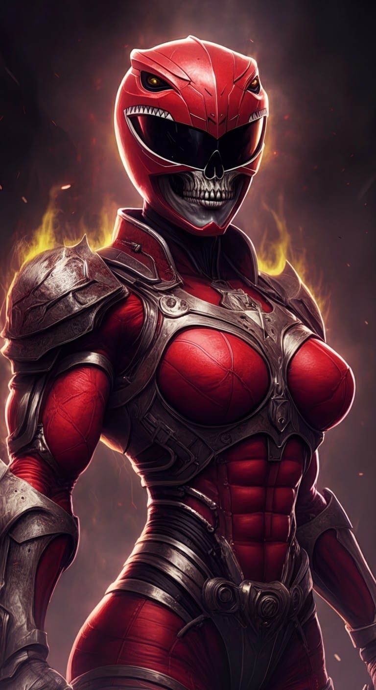 Corrupted Female Red Power Ranger in Dark Fantasy Style