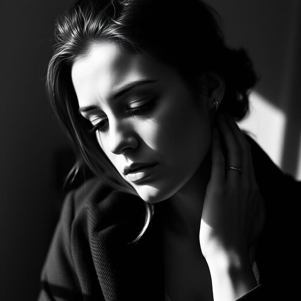 Woman in Contemplative Repose, in High-Contrast Black and Wh...