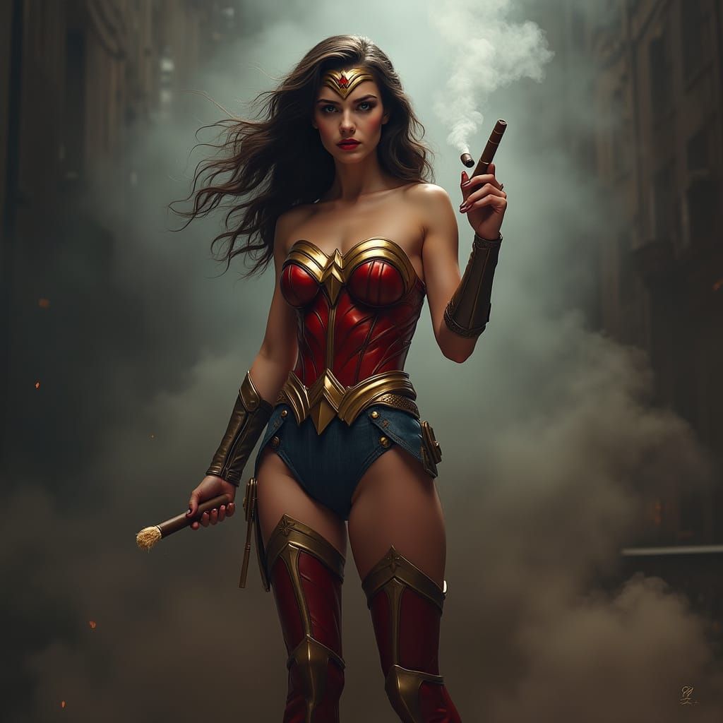 Wonder Woman Smoking Cigar in Dark Noir Style