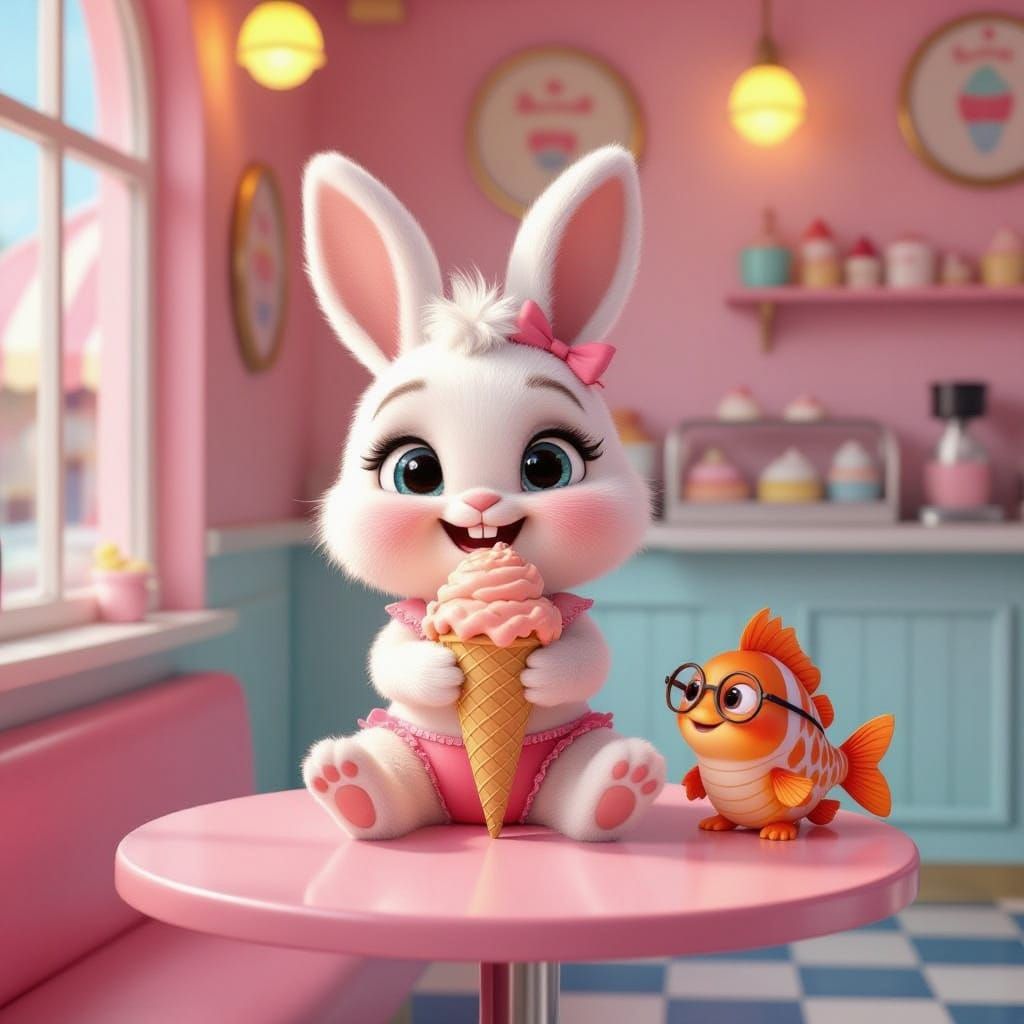 Adorable Bunny and Fish Enjoy Ice Cream in Candy Shop
