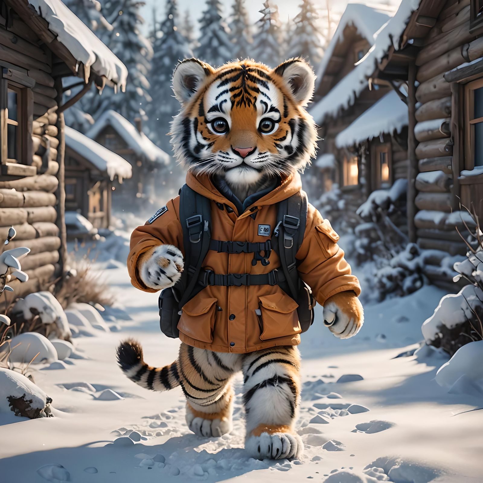 Pixar-Style Siberian Tiger Cub Exploring Winter Village