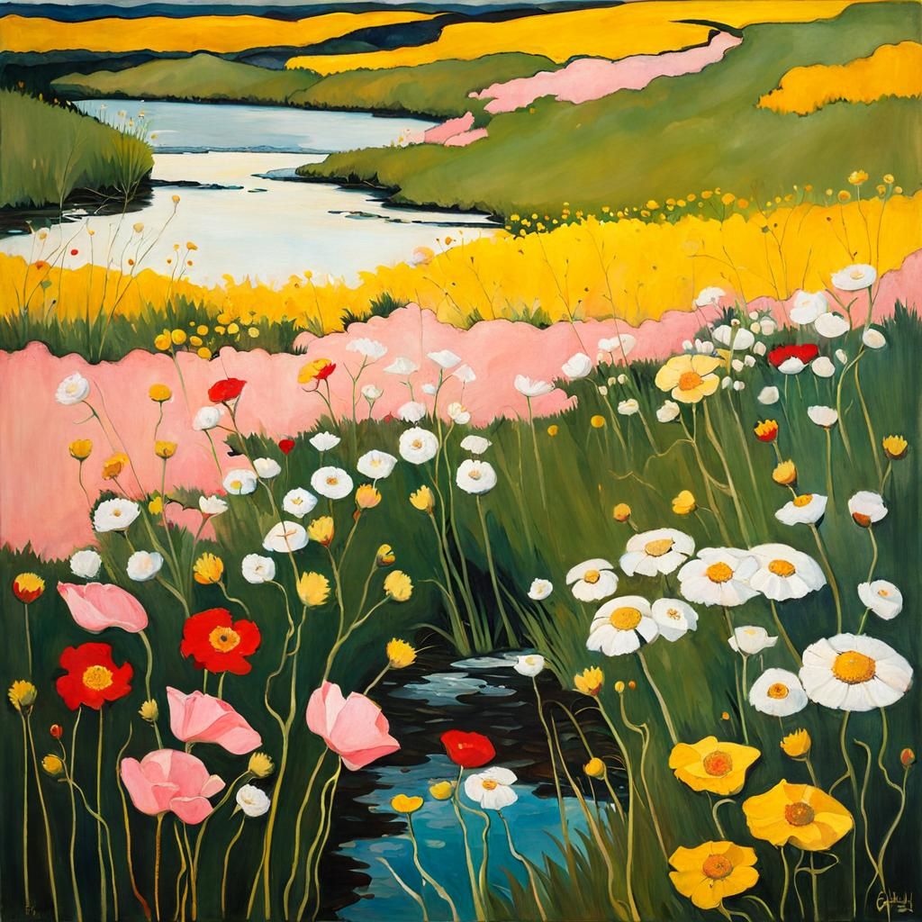 Meadow of Flowers in Surreal Gothic Oil Painting