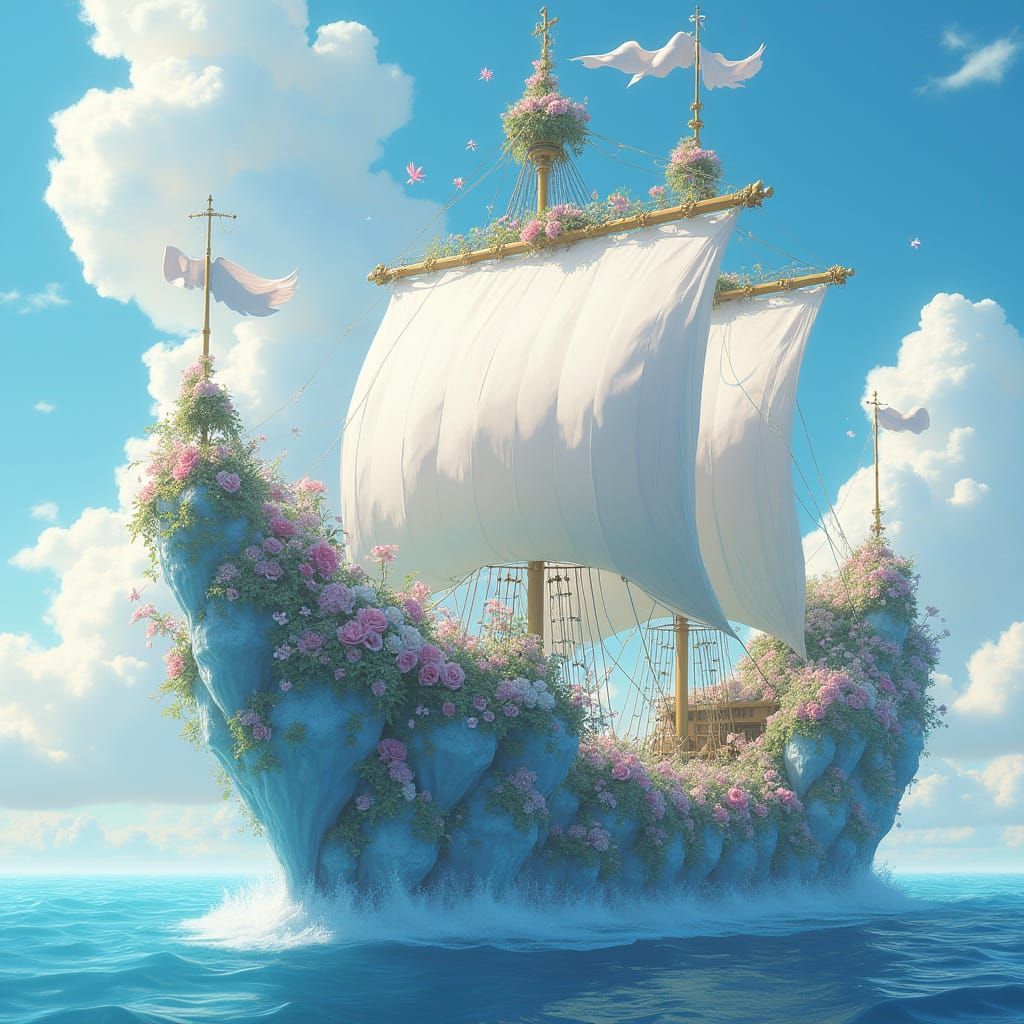 Crystal Galleon in Pastel Sky, Ghibli-esque Style