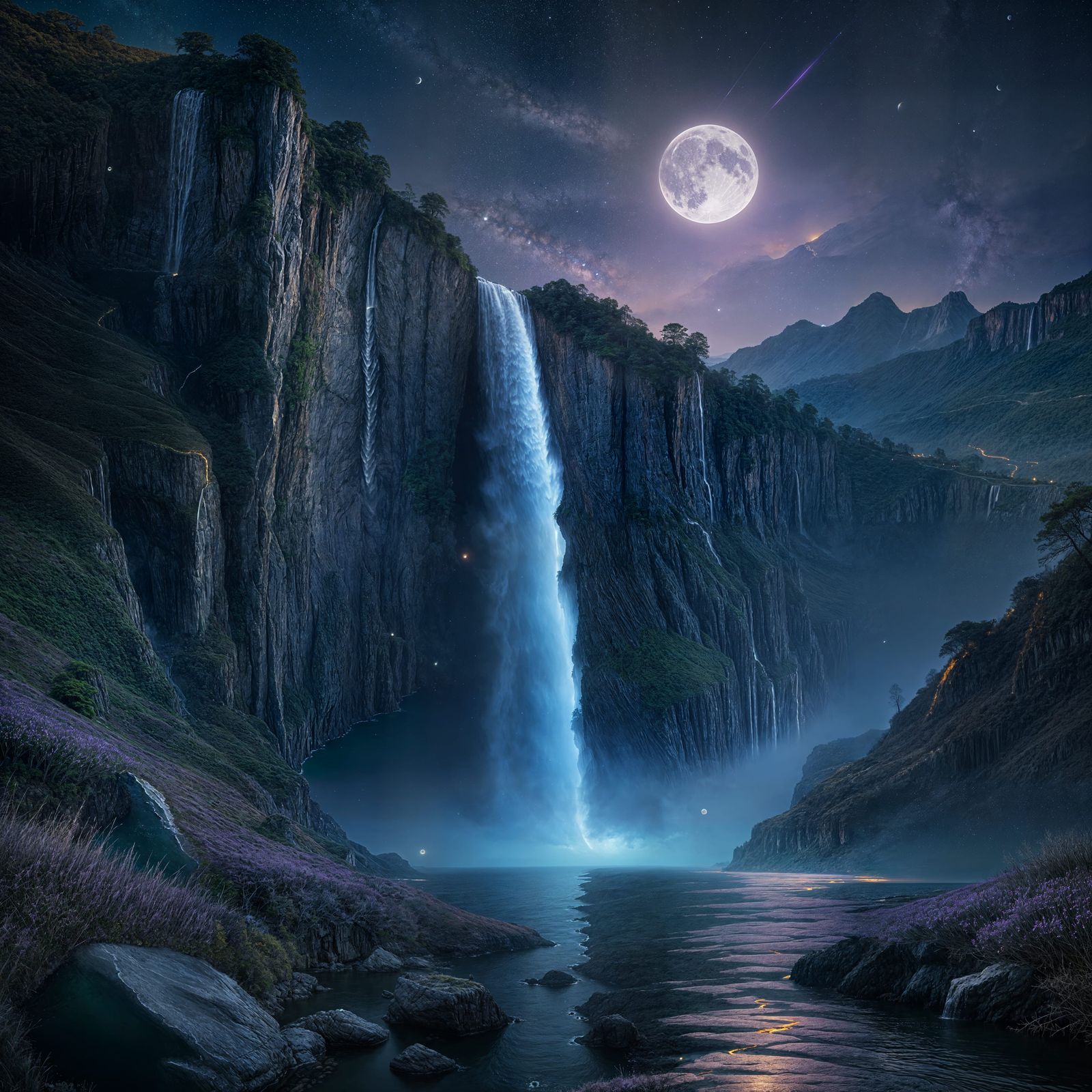 Golden Dusk and Silver Waterfall Over Still Lake