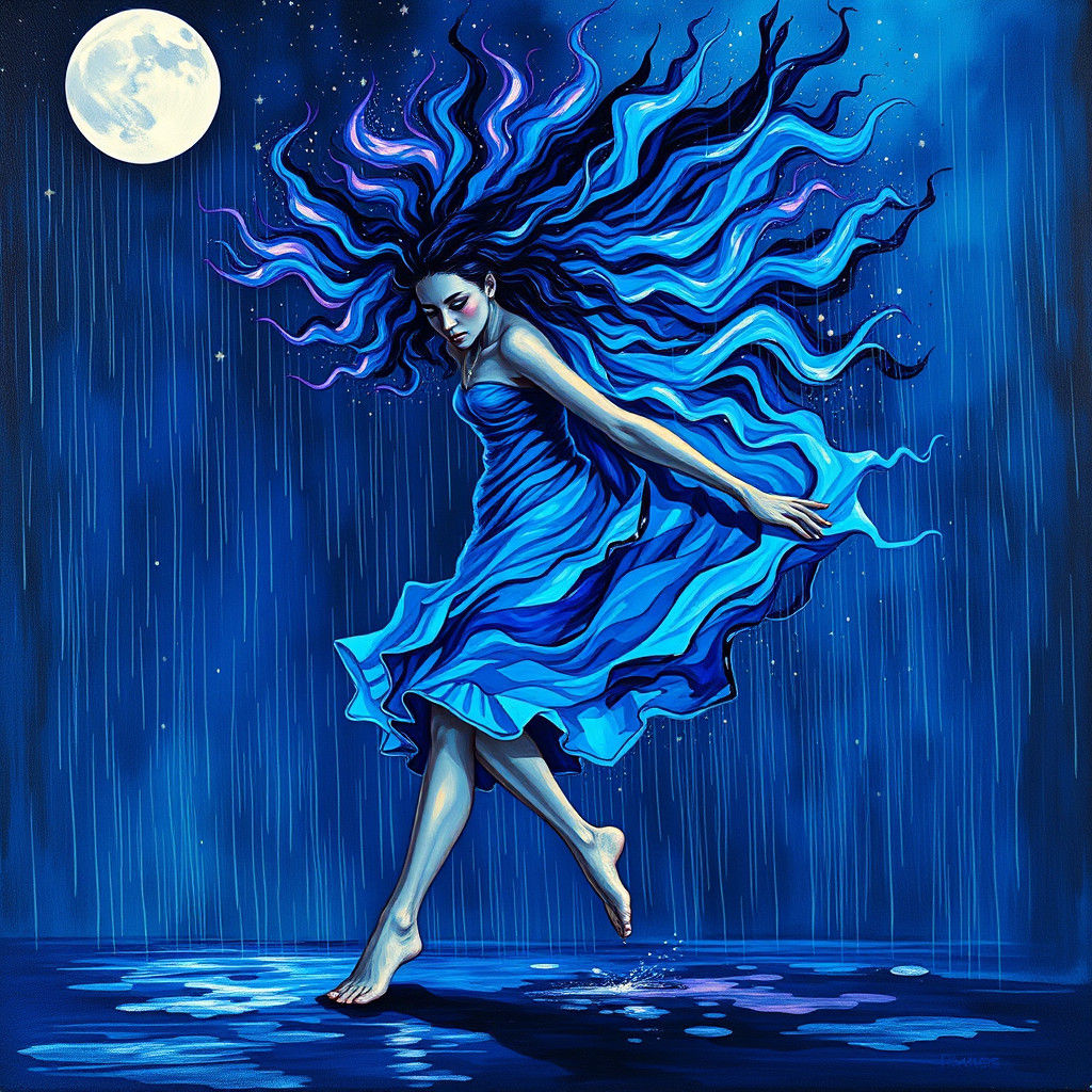 Woman Dancing in Rain with Electric Blue Flames