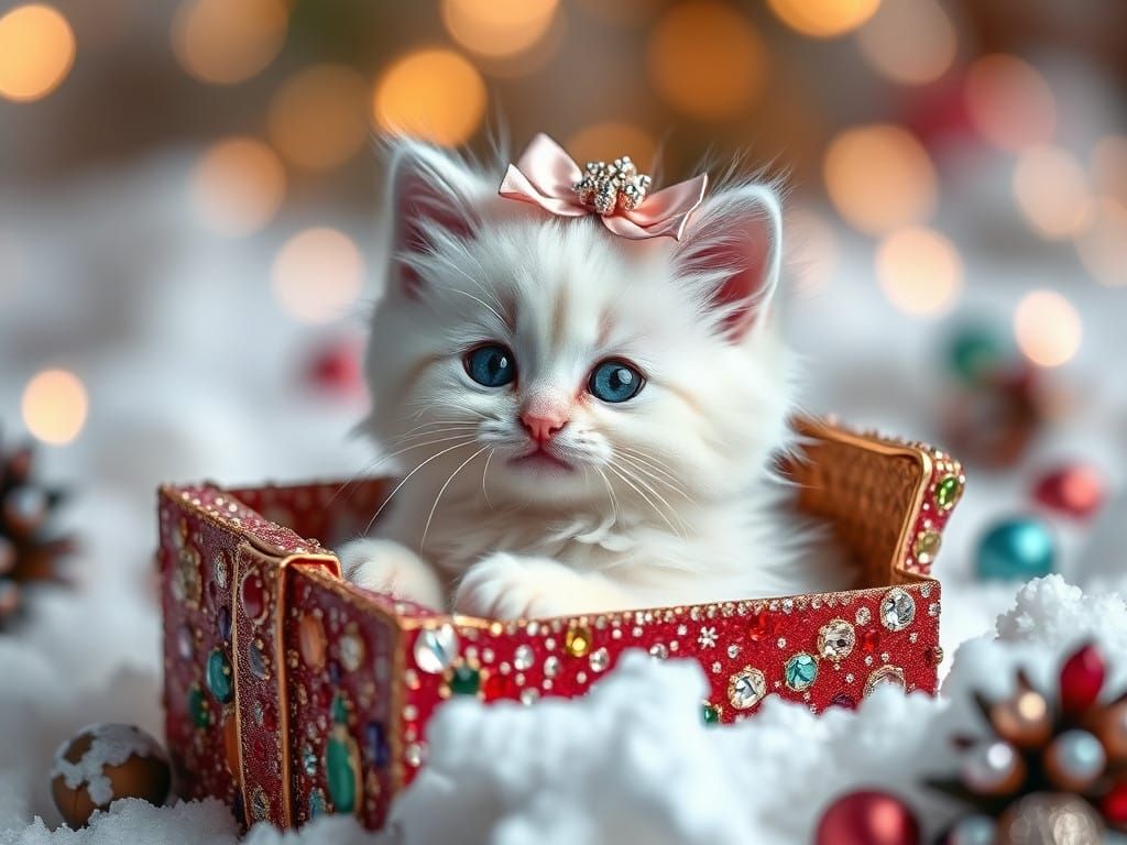 Adorable White Kitten in a Gemstone-Encrusted Christmas Wond...
