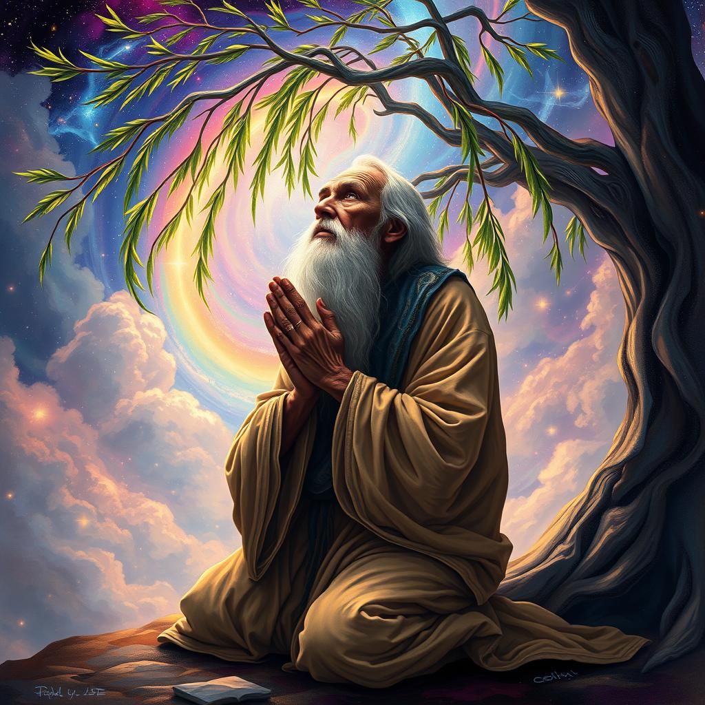 Visionary Art: Elderly Man Praying Under Willow Tree