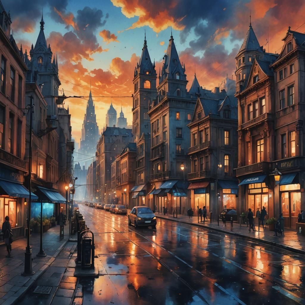 Watercolor Cityscape with Sunset and Fantasy Elements
