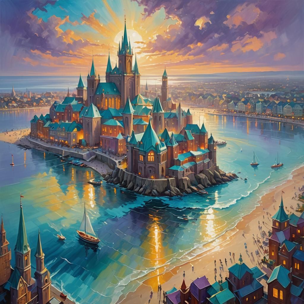 Floating Ocean City Fantasy in Oil Painting Style