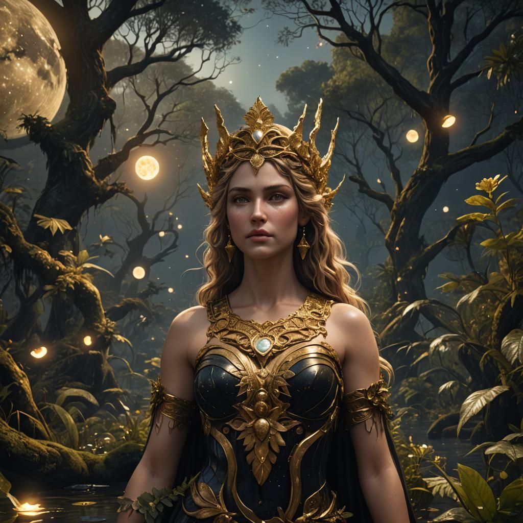 Aphrodite in Swamp Forest Under Starry Night Sky