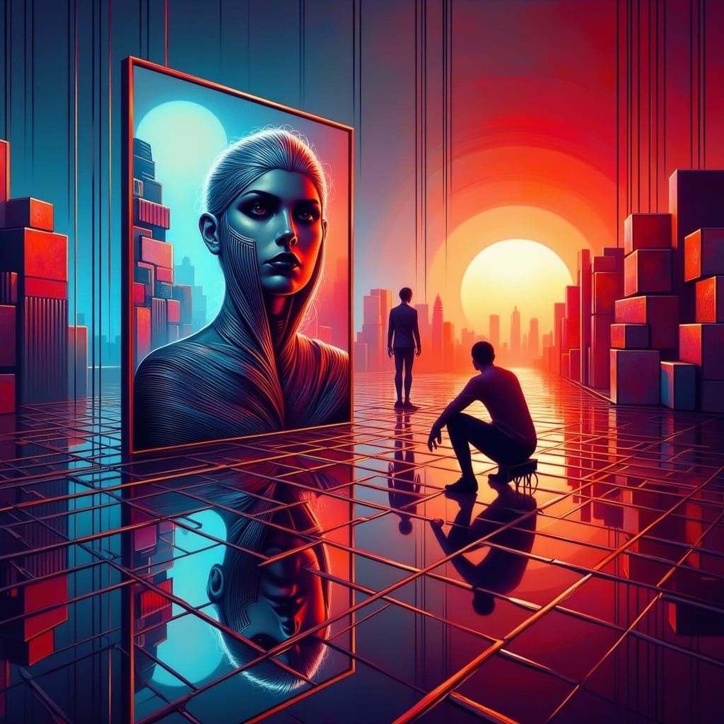 Contemplative Woman in Mirror, Surreal 3D Style