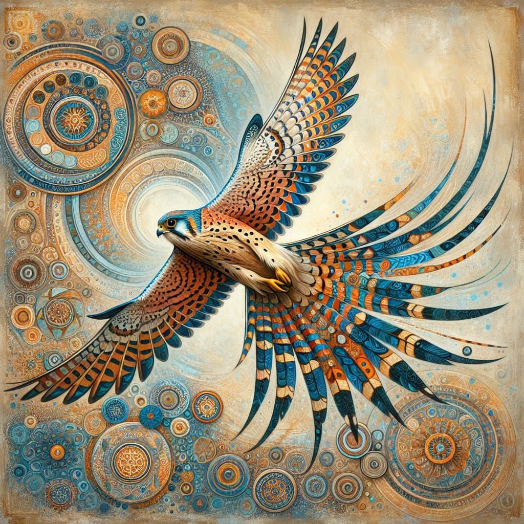 Vibrant Kestrel in Flight: Artistic Mosaic Painting