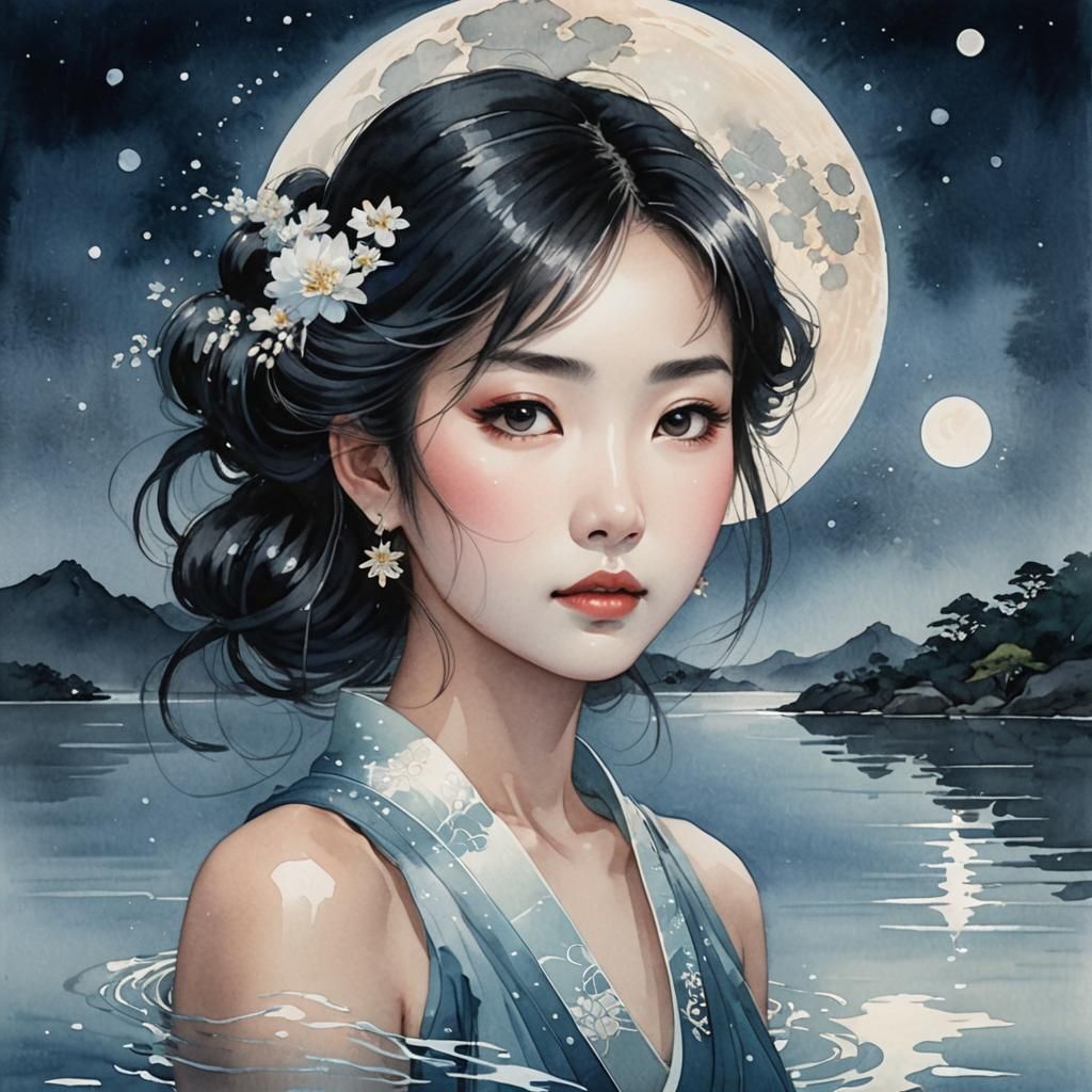 Thai Woman Under Moon in Japanese Manga Style