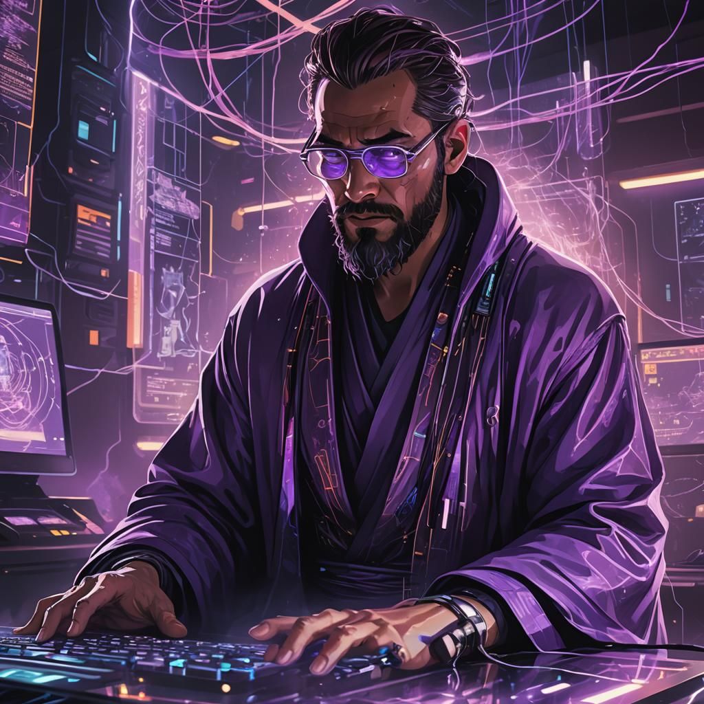 Cyberpunk Hacker Immersed in Technology: Digital Art