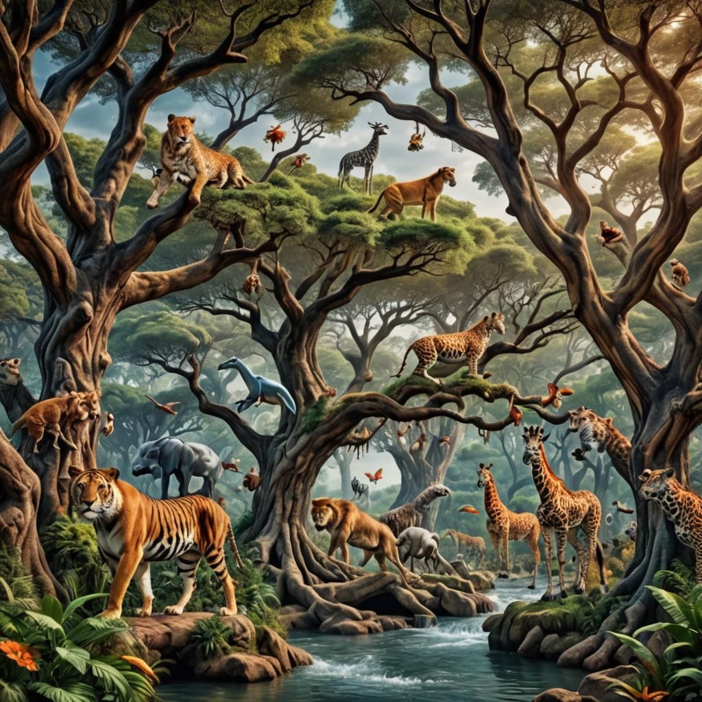 Vibrant Giant Forest with Exotic Wildlife
