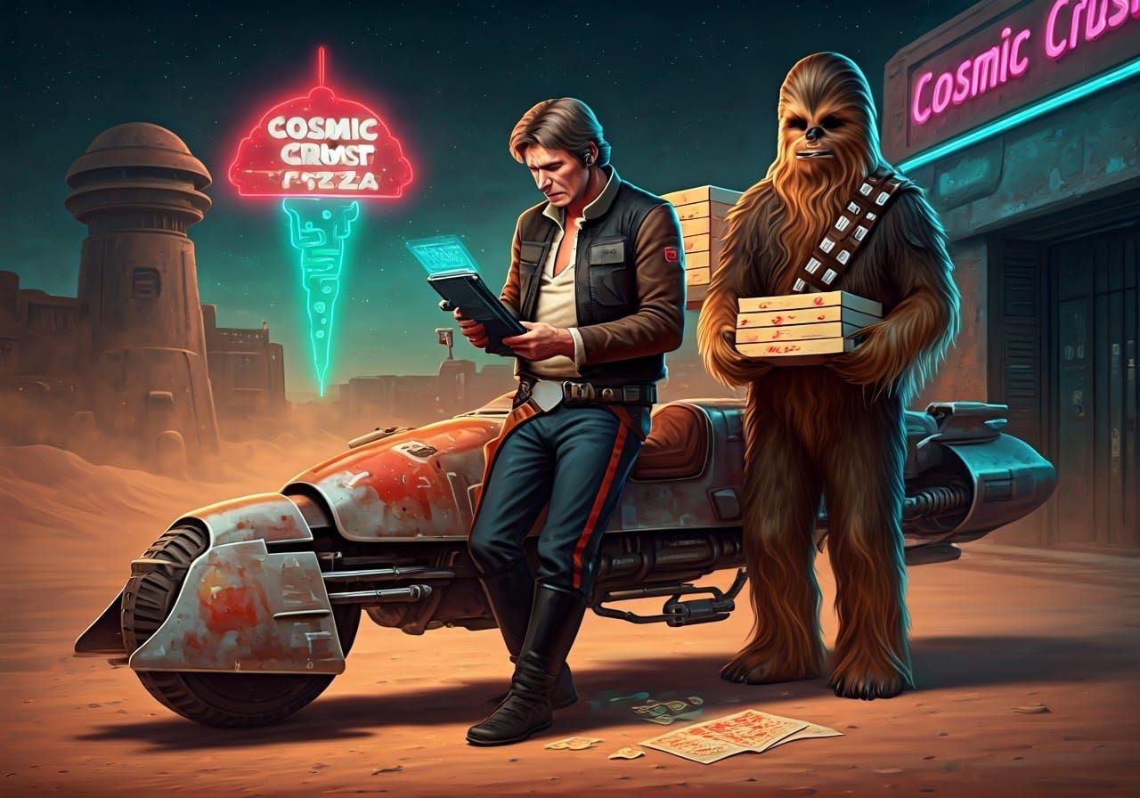 Galactic Pizza Delivery in Vintage Sci-Fi Style