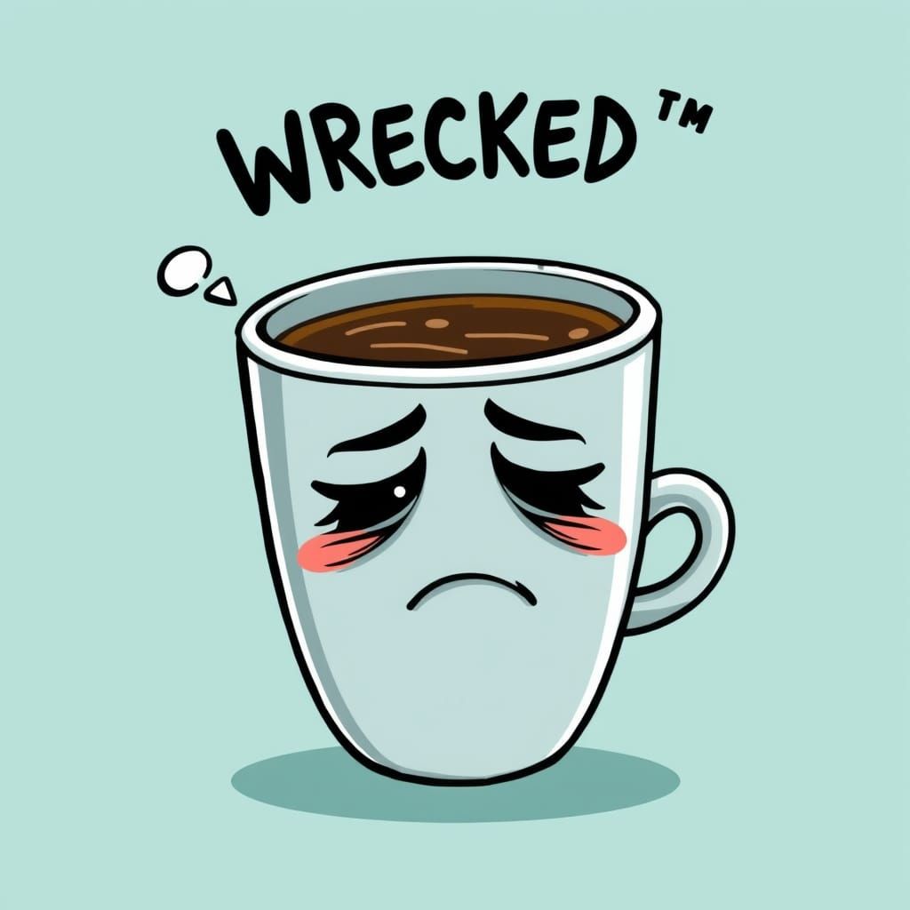 Cartoon Coffee Cup with Exhausted Expression