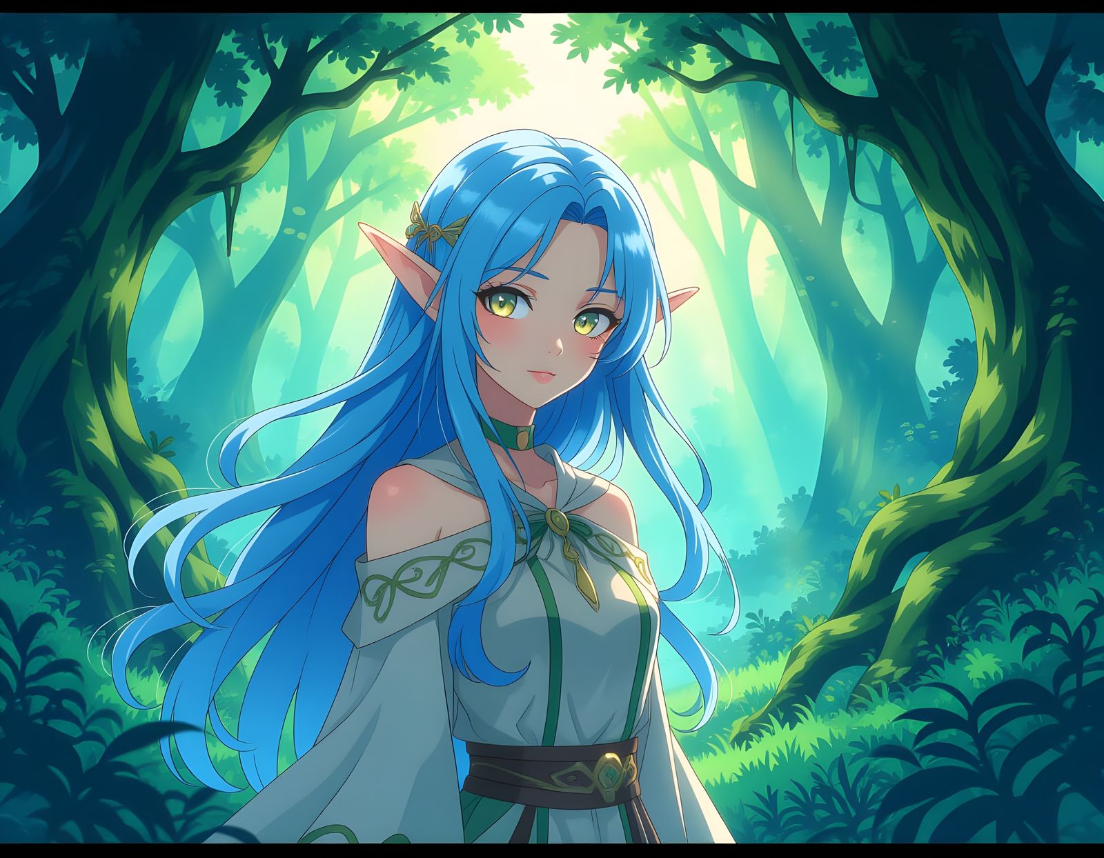 Manga Elf with Blue Hair and Gold Eyes in Forest
