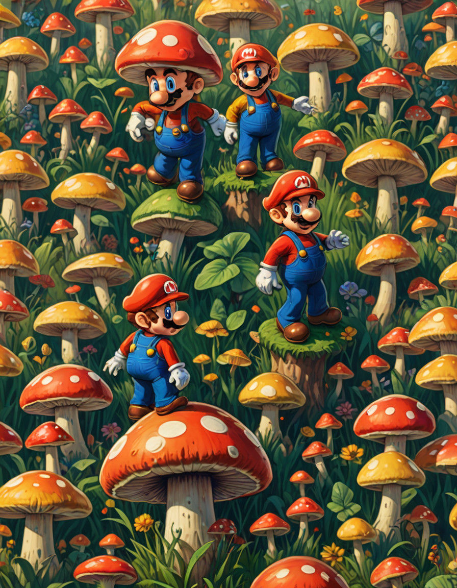 Mario in Whimsical Mushroom Kingdom Landscape