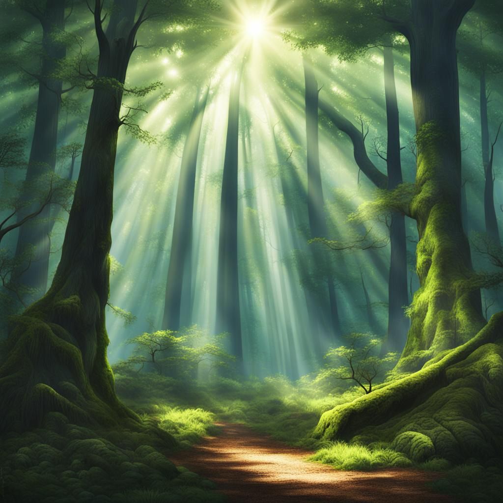 Sunlit Rays Through Ancient Forest Canopy