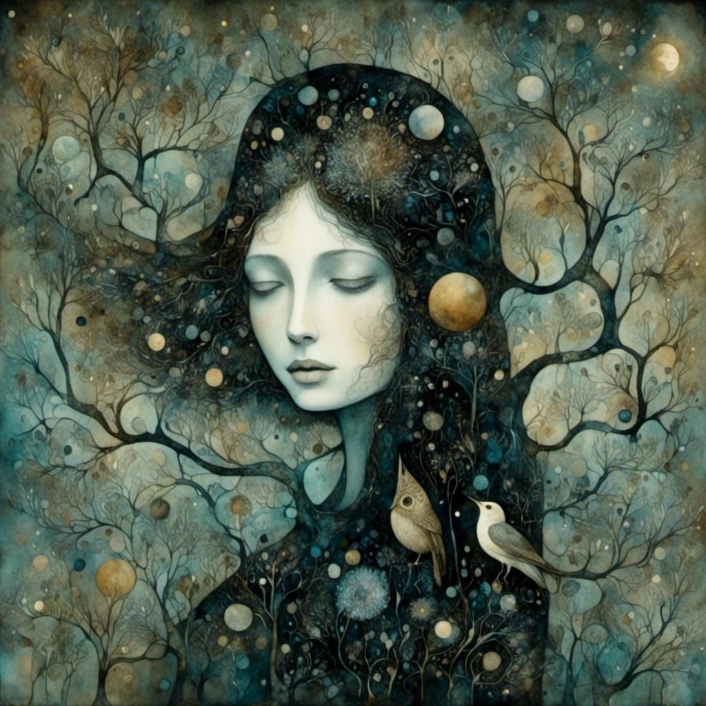 Mysterious Forest Under Starry Cosmos in Watercolor Art Brut