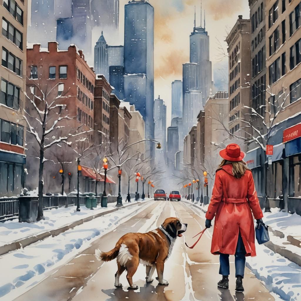 Woman Walking Dog in Snowy Chicago, Watercolor Style
