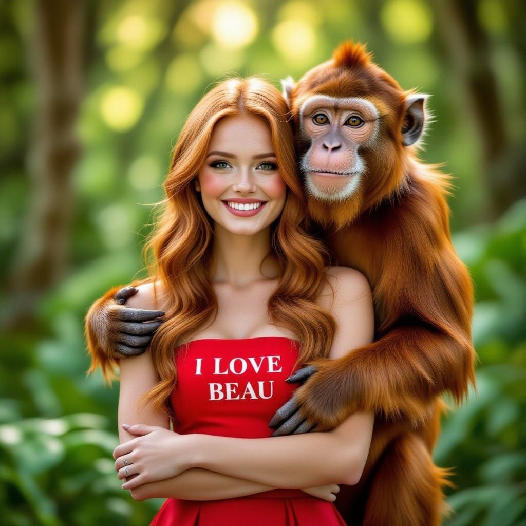 Woman in Red Dress with "I LOVE BEAU" and Ginger Monkey