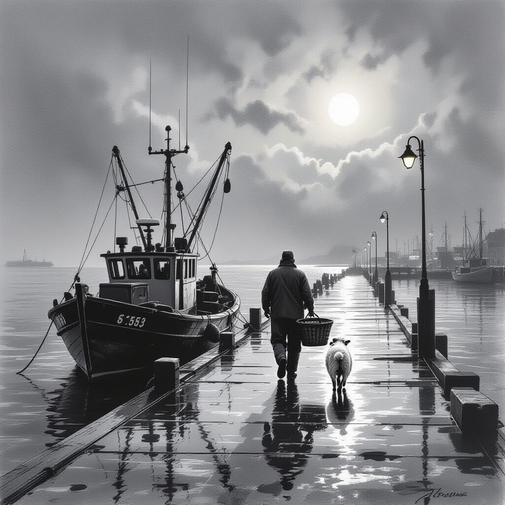 Fishing Boat at Dawn: Charcoal Drawing of Fisherman and Dog