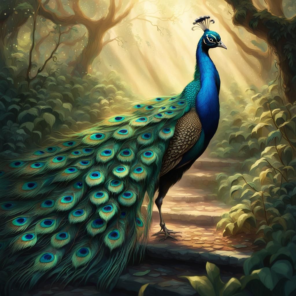 Peacock Strutting in Mystical Garden: Concept Art
