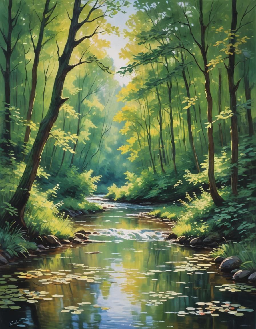 Sunlit Forest Stream: An Impressionist Landscape Painting
