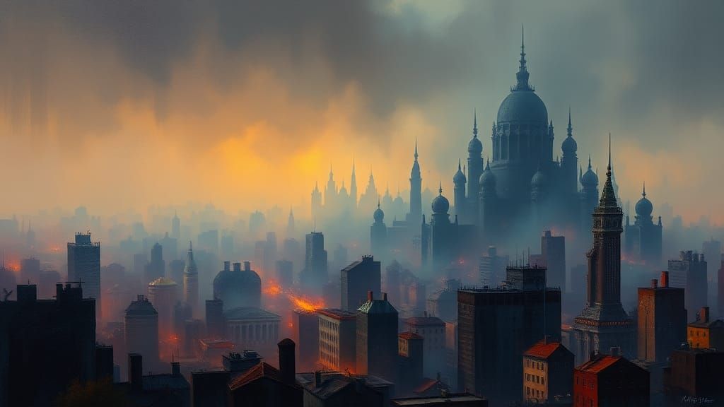 Dystopian Cityscape with Surreal Impasto Details