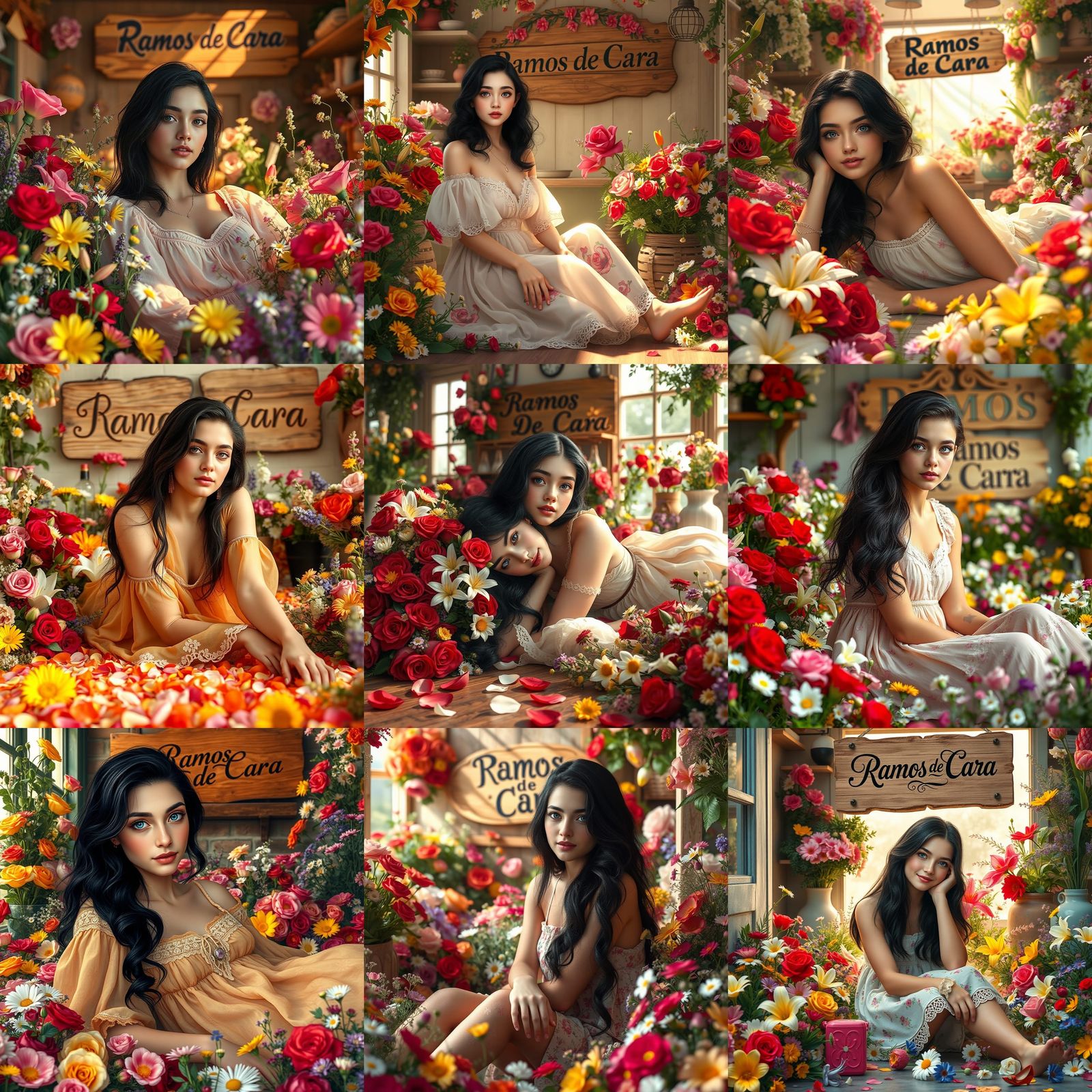 Woman Surrounded by Flowers in Matte Painting Style