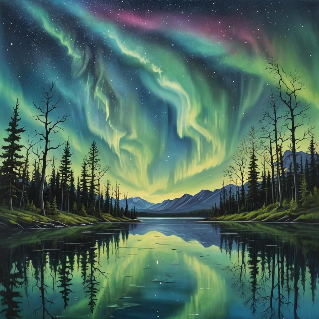 Aurora and Milky Way Reflect on Lake: Oil Painting