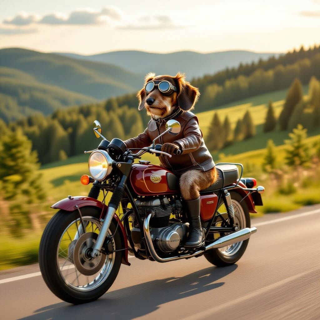 Dachshund Biker in Finnish Countryside, Whimsical Art