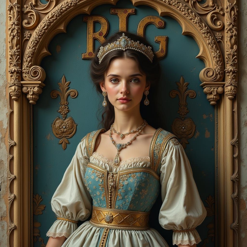 uma linda mulher paquistanesa de 25 anos nUma moldura barroca ornamentada com detalhes dourados e prateados letras metál...