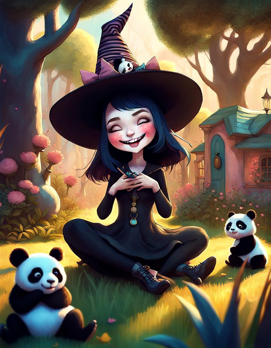 Whimsical Witch and Panda in Magical Garden